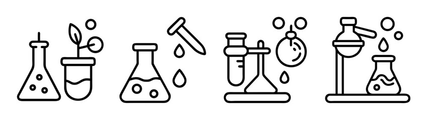 Science laboratory experiments, equipment, research outline icons