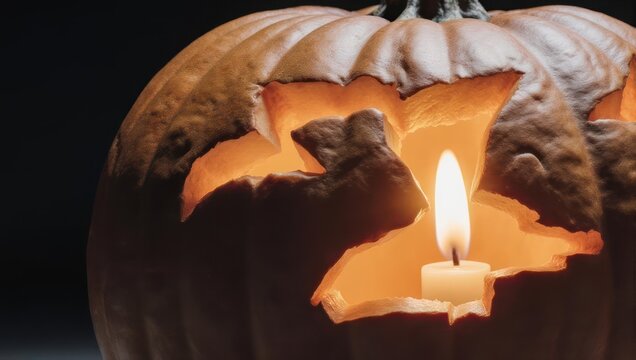 Carved pumpkin with lit candle inside, casting an orange glow. Close-up against dark background - Powered by Adobe