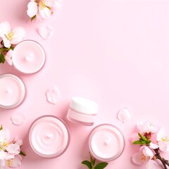 A soft pink background features elegant white candles of varying heights, surrounded by delicate white flowers, creating a serene and romantic atmosphere.