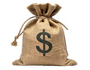A knotted burlap sack, featuring a dark dollar sign, suggests wealth or financial themes