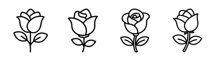 Simple line art rose flower icons set showing various bud stages