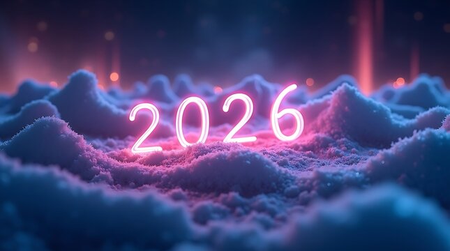 Neon 2026 glowing numbers on cloudy pink blue atmospheric landscape for new year celebration greeting