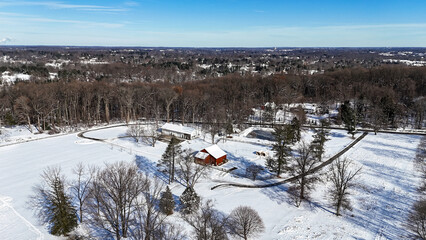 Aerial view of a farm after snow in Garnet Valley, suburb of Philadelphia, Pennsylvania