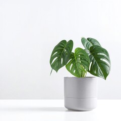 A vibrant green plant with lush leaves sits in a sleek white pot, elegantly positioned atop a modern wooden table, adding a touch of nature to the space.