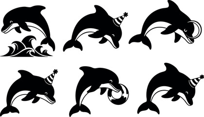Dolphin silhouettes playing with party hats and rings vector illustration black shapes 