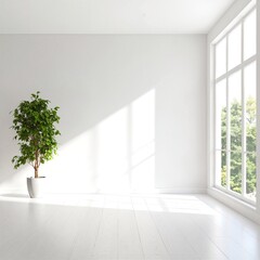 A vibrant green potted plant stands gracefully in the corner of a sunlit, empty room, casting soft shadows on the light-colored walls.