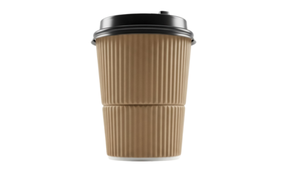Brown paper coffee cup with black lid isolated PNG, disposable takeaway drink container for hot beverages on transparent background