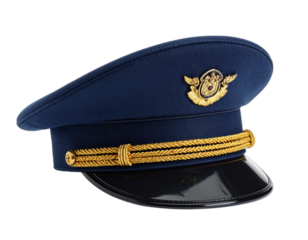 A close-up studio shot of a classic, navy blue pilot's cap
