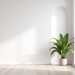A vibrant green potted plant stands gracefully in the corner of a sunlit, empty room, casting soft shadows on the wooden floor.