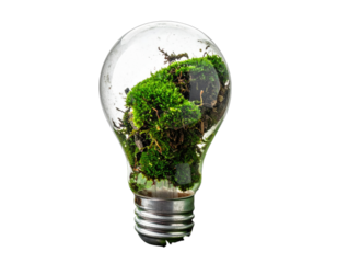 A clear light bulb filled with vibrant green moss, showcasing an unusual concept