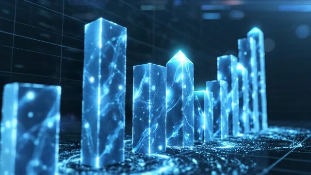 Slow motion upward movement of abstract glowing blue bar graphs indicating financial growth and successful market trends on a dark background future planning, upward trend, economy