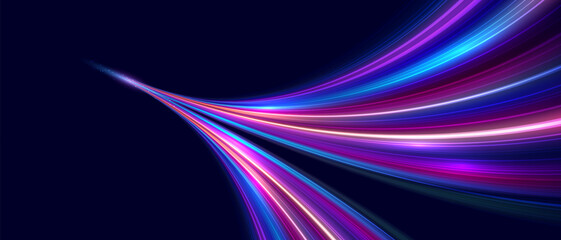 Futuristic neon speed light trail abstract technology background glowing motion energy flow digital beam sci fi dynamic movement wallpaper. Pattern for banner. Vector EPS10.