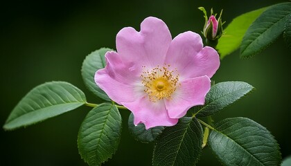Obraz premium A Single Pink Wild Rose Flower With Green Leaves