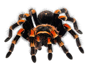 A close-up view of a vibrant, hairy arachnid with striking orange and black markings