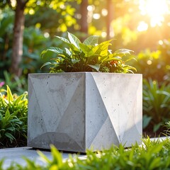 A rustic wooden planter brimming with vibrant green ferns and colorful blooming flowers, set against a soft, blurred garden backdrop.