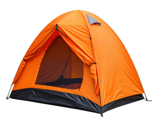 Vivid orange camping tent, black base, open doorway, mesh window, and a small peak vent