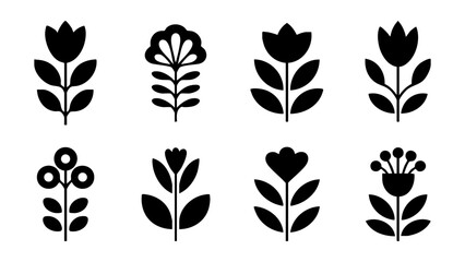 Minimalist folk art flower and leaf silhouette icon set, Black floral vector elements for scandinavian style branding, Collection of abstract botanical symbols for modern pattern design © Dream Graphics