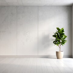 A vibrant green potted plant sits gracefully on the floor, its leaves reaching upward, contrasting beautifully against a plain, empty white wall.