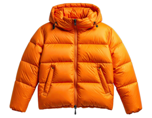 Bright orange puffy jacket with a hood, a zipper, and side pockets