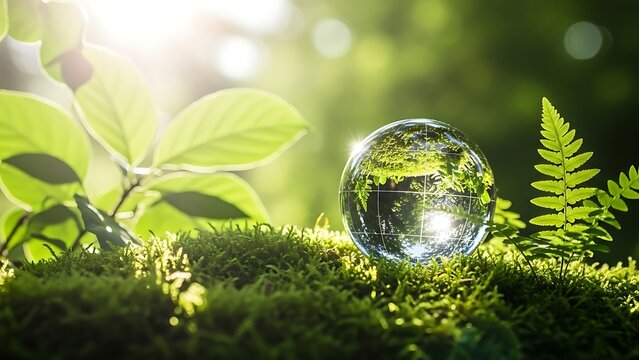Crystal globe sphere on mossy ground in a lush green forest for environmental conservation and sustainability concept - Powered by Adobe