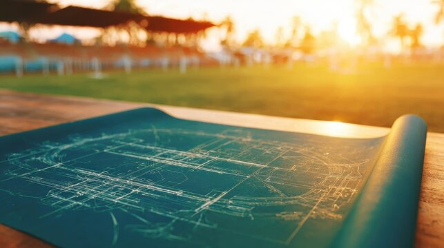 Stunning photo of footbal fild map on a wooden table outdoors with golden sunset background and blurred landscape