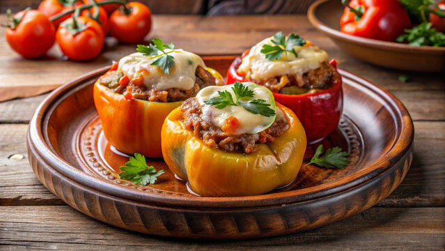 Rocoto relleno with savory meat and melted cheese presented on rustic wooden plate. Flavorful stuffed peppers contain ground beef, rice, and fresh parsley, creating a hearty meal.