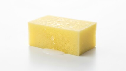 A single yellow kitchen sponge on a white surface isolated on white background