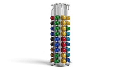 3D render of a cylindrical coffee pod holder with colorful pods on a isolated on white background
