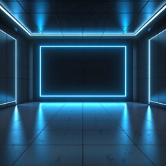 A modern room illuminated by soft blue lights, featuring a sleek concrete floor that adds an industrial touch to the contemporary design.