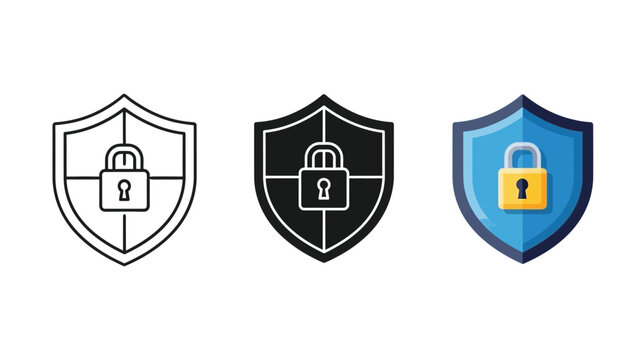Set of three shield icons with padlock inside, representing security, protection, and data safety in outline, solid black and color styles