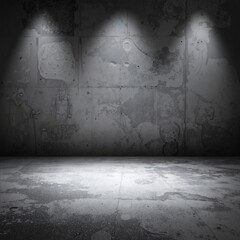 A modern room featuring raw concrete walls, illuminated by three sleek spotlights that cast dramatic shadows, creating an industrial yet stylish ambiance.