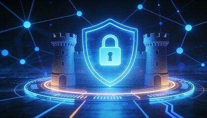 A digital shield symbolizing cybersecurity, surrounded by a network of connected data points, representing protection and security in the digital realm