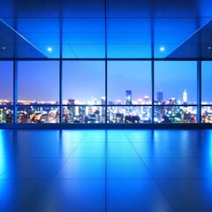 A spacious room featuring expansive floor-to-ceiling windows that showcase a stunning view of vibrant city lights twinkling at night.