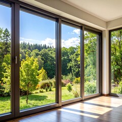 A bright, airy room featuring expansive floor-to-ceiling windows and elegant sliding doors, allowing natural light to flood in and offering stunning views.