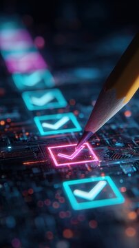 Stunning photo of Pencil checking a glowing digital tick box on a futuristic neon checklist interface.