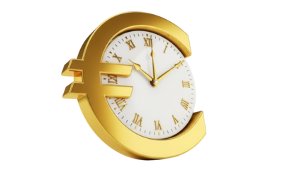 Golden euro symbol clock isolated PNG, time is money concept for finance, investment, and business planning on transparent background