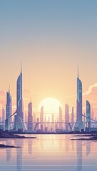 Obraz premium Vibrant Digital Illustration of a Futuristic Urban Skyline During a Glowing Golden Sunrise