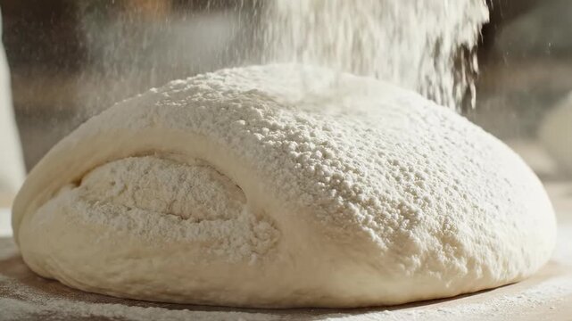 Slow motion view of fine white baking flour gently falling and coating the soft surface of freshly prepared bread dough food, gently falling, pastry