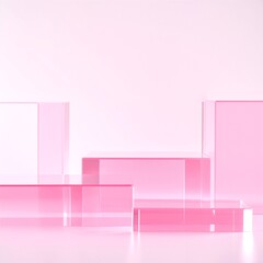 A collection of translucent pink glass blocks arranged artistically on a smooth white surface, casting soft shadows and reflecting light beautifully.