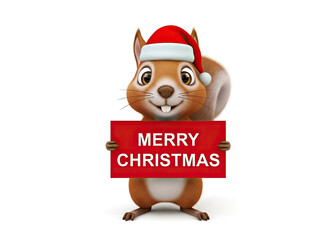 Merry christmas squirrel character holding red sign