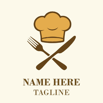A simple logo featuring a chef s hat crossed cutlery and space for a business name below