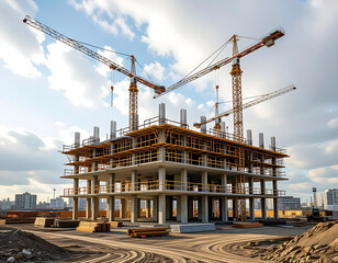 Large building under construction at construction site featuring towering cranes with a complex network of metal scaffolding and beams under cloudy sky