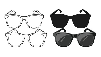 Set of four sunglasses icons two outline drawings and two solid blackgrey silhouettes