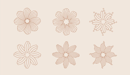 Abstract esoteric boho suns. Minimalist elegant bohemian shapes like hibiscus flowers. Vector modern suns