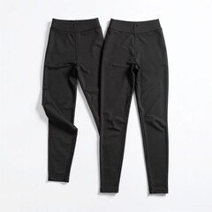 A pair of sleek black leggings is elegantly displayed against a clean white background, highlighting their smooth texture and versatile style.