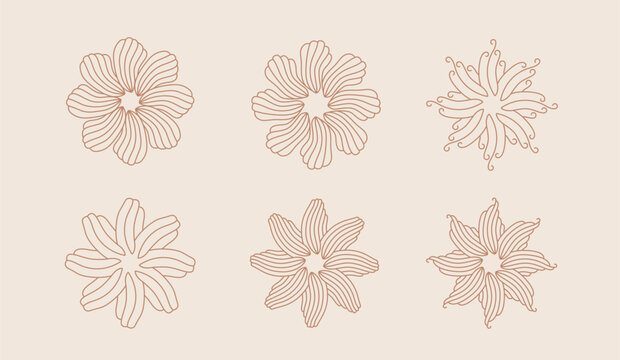 Abstract esoteric boho suns. Minimalist elegant bohemian shapes like hibiscus flowers. Vector modern suns