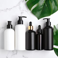 Three colorful bottles filled with vibrant liquids sit on a wooden surface, alongside a sleek bottle featuring stylish black caps, creating a striking display.