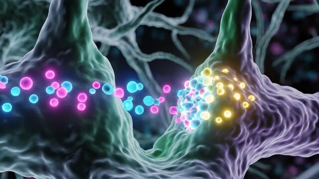 Slow motion view of pulsating neurotransmitters bridging the synaptic gap between dendritic spines in vibrant scientific color research, memory, chemistry