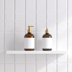 Two elegant glass bottles, one tall and slender, the other short and round, rest on a wooden shelf against a backdrop of pristine white tiles.
