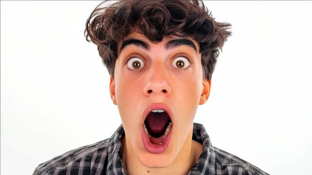 A close-up of a man with curly hair and a surprised expression. He is wearing a patterned shirt.